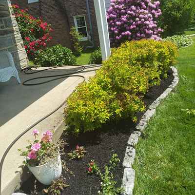 A garden with a curved pathway showcases expert hardscape design, lined with yellow-green shrubs and a pot of pink flowers. A coiled hose rests on the concrete path. In the background, blooming pink and red bushes complement the brick house, while the lawn remains lush and well-maintained.