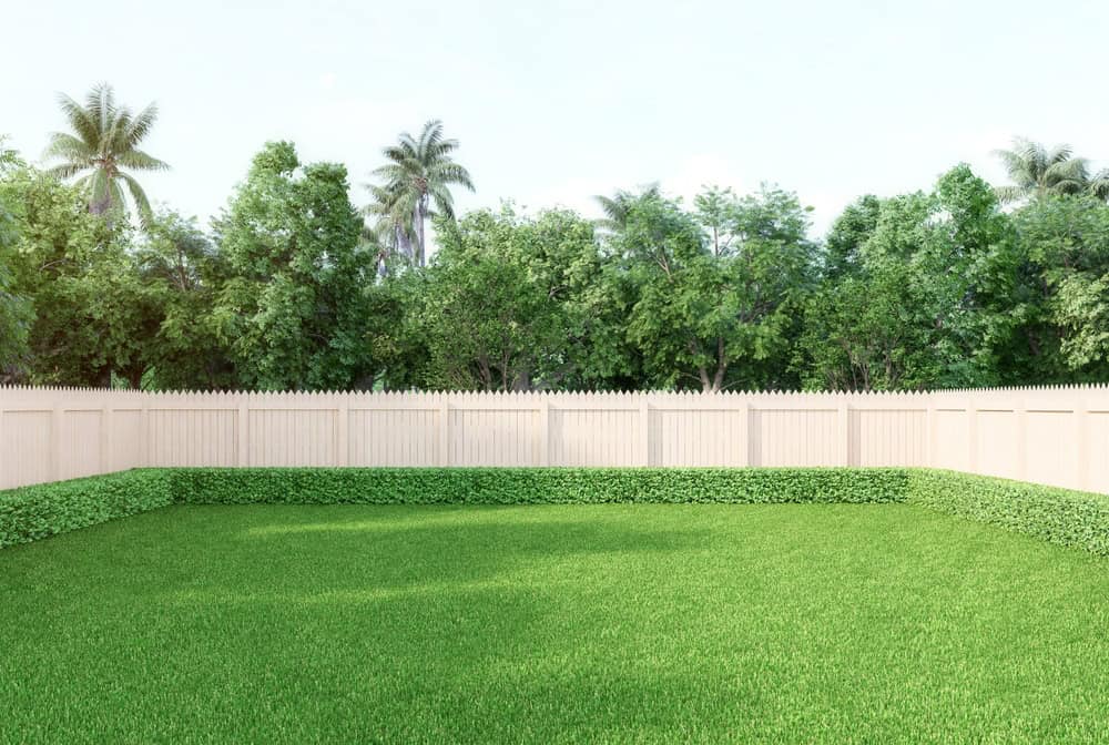 A fenced backyard showcases a lush green lawn, neatly trimmed hedges, and tall trees against a clear sky. Thanks to the skilled landscapers in Delaware County, every detail contributes to the serene and sunny ambiance.